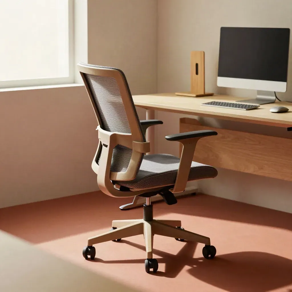Rincón ergonómico con silla ajustable, reposapiés y soporte lumbar junto a una mesa de trabajo.
