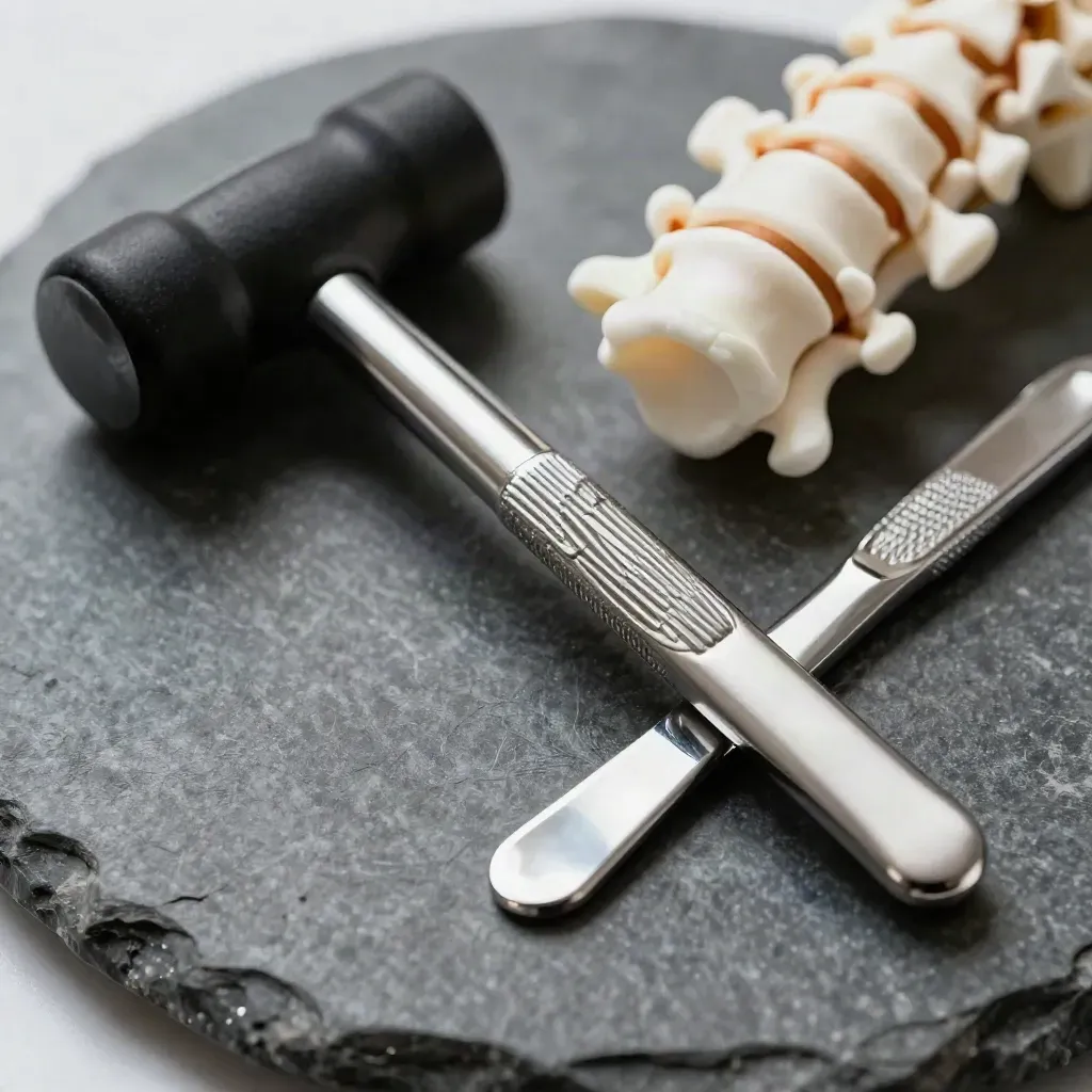 Martillo de reflexos, segmento de columna y herramientas de palpación sobre piedra oscura