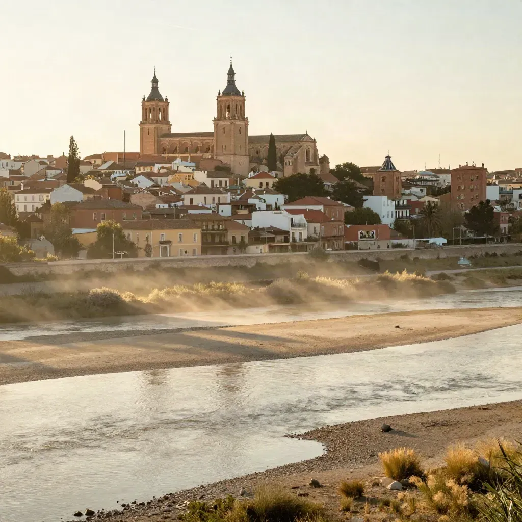 Vista dorada del Corredor del Henares con Alcalá de Henares y bruma sobre el río.